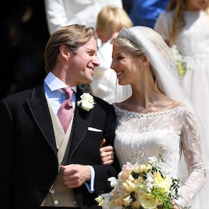 Lady Gabriella Windsor and Thomas Kingston leave St George’s Chapel after their wedding.