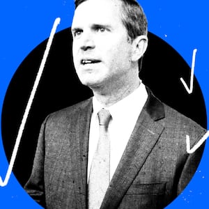 A photo illustration of Andy Beshear with check marks around him