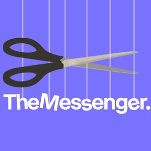 A pair of scissors and The Messenger news logo.