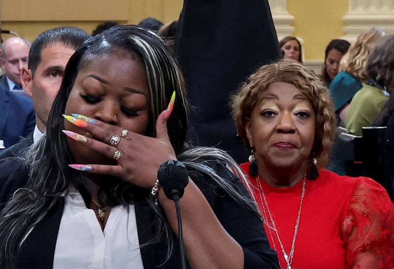 Ruby Freeman looks on as her daughter Wandrea Moss, testifies before the congressional Jan. 6 Committee.