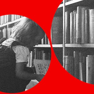 A photo illustration showing an image of a child reading a book in a library cut up by a red shape.