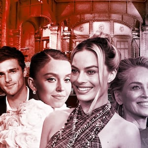 An illustration including photos of the SNL main stage, Sydney Sweeney, Sharon Stone, Margot Robbie, Jacob Elordi, Jason Momoa