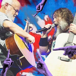 Tenacious D with fingers pointing