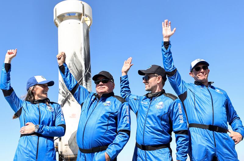 Photograph of William Shatner during media availability for Blue Origin