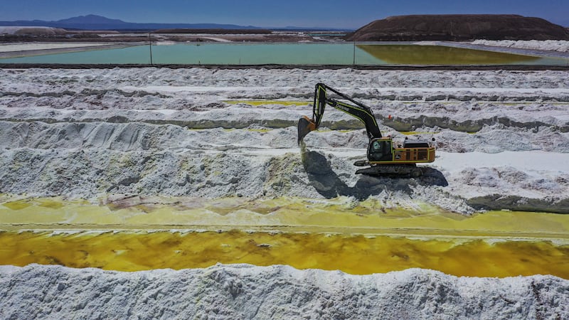 Aerial view of brine ponds and processing areas of the lithium mine of the Chilean company SQM (Sociedad Quimica Minera) in the Atacama Desert, Calama, Chile, on September 12, 2022