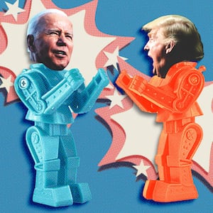 Photo illustration of Joe Biden and Donald Trump on Rock-em Sock-em Robots