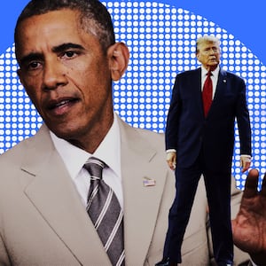 A photo illustration showing Barack Obama in a tan suit and Donald Trump in a suit with a red long tie.