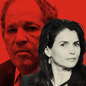 Photo illustration of Harvey Weinstein and Julia Ormond