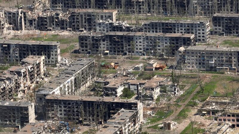 Aerial view of the destroyed Ukrainian city of Bakhmut during the war with Russia. 