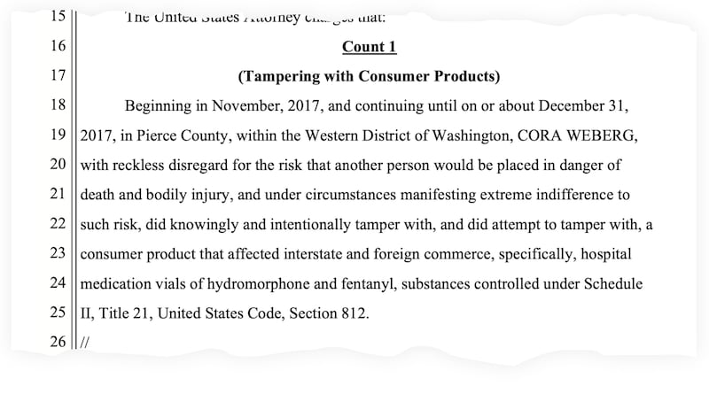 A snippet from the bill of information showing the criminal charge against Cora Weberg.