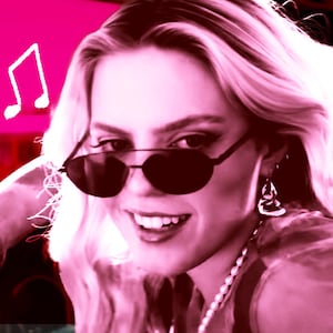 A photo illustration of Renee Rapp in Mean Girls with music notes and question marks around her