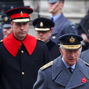 Britain's King Charles and Prince William attend the annual Remembrance Sunday ceremony at the Cenotaph, in Whitehall, London Britain November 12, 2023.