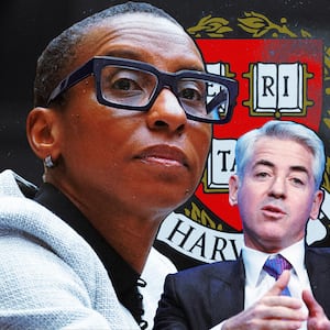 An illustration including images of Claudine Gay, Bill Ackman, and the Harvard University logo.