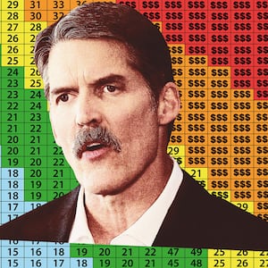 A photo illustration showing Eric Hovde in front of a BMI Chart that has dollar signs in place of numbers.