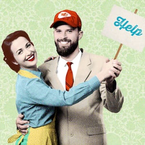 Photo illustration of Harrison Butker and a 1950s housewife holding a sign saying "help"