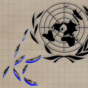 A photo illustration showing the leaves from the UN logo falling off.