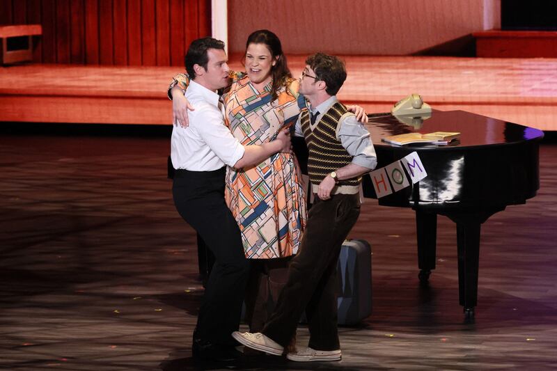 Lindsay Mendez, Jonathan Groff and Daniel Radcliffe, of "Merrily We Roll Along," perform at the 77th Annual Tony Awards in New York City, U.S., June 16, 2024.