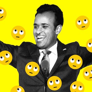 Photo illustration of Vivek Ramaswamy from the GOP debate holding his arms out with peace signs, with eye-rolling smiley faces scattered around him.