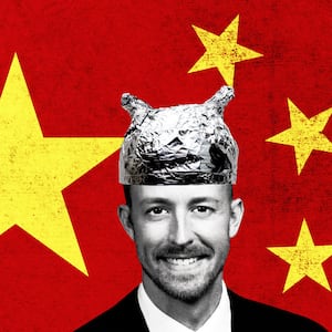 An illustration that includes photos of Ryan Walters, The Flag of China, and a Tin Foil Hat