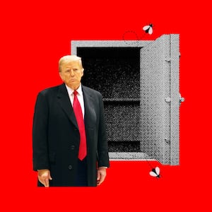 A photo illustration of Donald Trump in front of an empty bank vault.