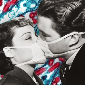 black and white retro image of a couple kissing through a face mask with influenza bacteria in red and blue enlarged behind them spanish pandemic 1918 are we ready no influenza vaccine shot swine epidemic antibiotic resistance