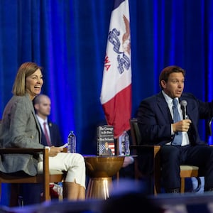  Iowa Gov. Kim Reynolds and Florida Gov. Ron DeSantis speak on a book tour in Des Moines on March 10, 2023.