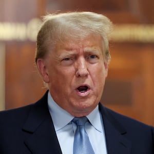 Former U.S. President Donald Trump delivers remarks after exiting the courtroom as he attends his Manhattan courthouse trial in a civil fraud case in New York, U.S., October 18, 2023.