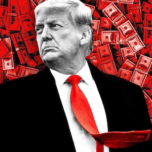 An illustration that includes a photo of former U.S President Donald Trump and a pile of money