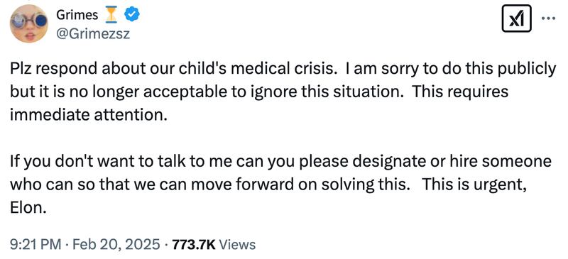 Grimes begs Elon Musk on X to respond to an urgent medical issue involving one of their three children.