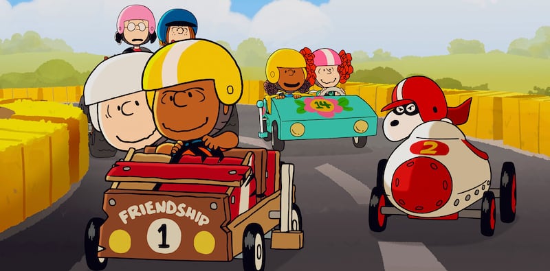 The Peanuts Gang in "Snoopy Presents: Welcome Home, Franklin," during the soapbox derby race.