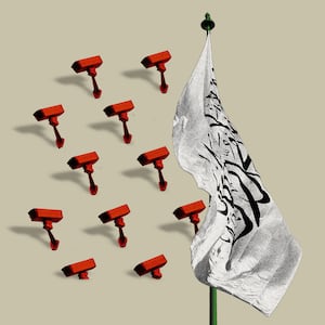 Photo illustration of the flag of the Taliban with surveillance cameras.