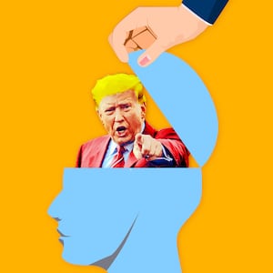 A photo illustration of Donald Trump inside a person's head.