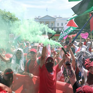 Demonstrators hold smoke flares outside the White House.