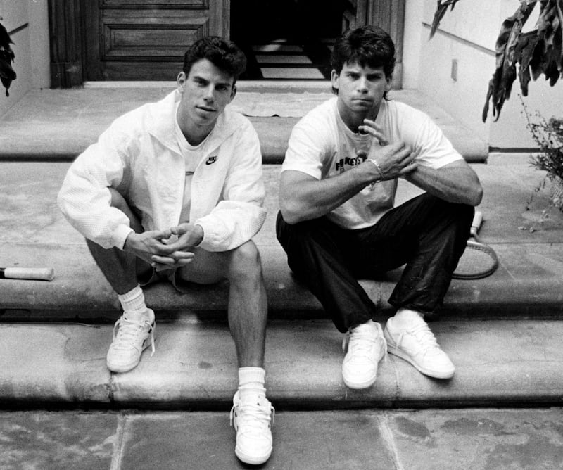 From left: Erik and Lyle Menendez are pictured on the steps of their Beverly Hills home in November 1989.