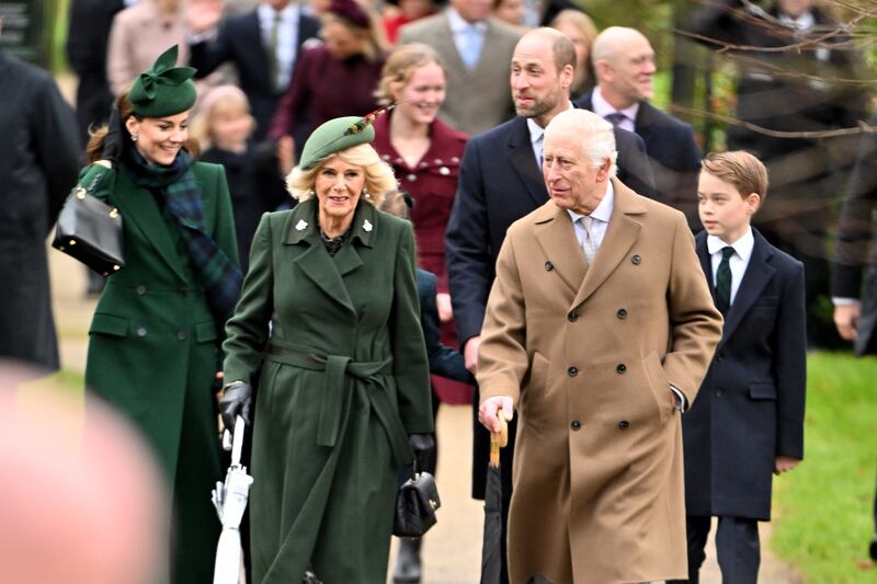 SANDRINGHAM, NORFOLK - DECEMBER 25: Princess Catherine, Princess of Wales,Queen Camilla Prince William, Prince of Wales,King Charles III and Prince George of Wales attends the 2024 Christmas Morning Service at St Mary Magdalene Church on December 25, 2024 in Sandringham, Norfolk.