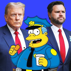 A photo illustration of Chief Wiggum of the Simpsons, Donald Trump, and JD Vance.