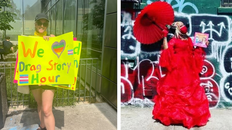 A woman holds up a sign saying "We Love Drag Queen Story Hour!" and Flame, a drag queen, looks fabulous. 