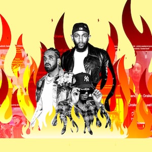 A photo illustration of Kendrick Lamar, Drake, and Metro Boomin in flames with tweets and memes.