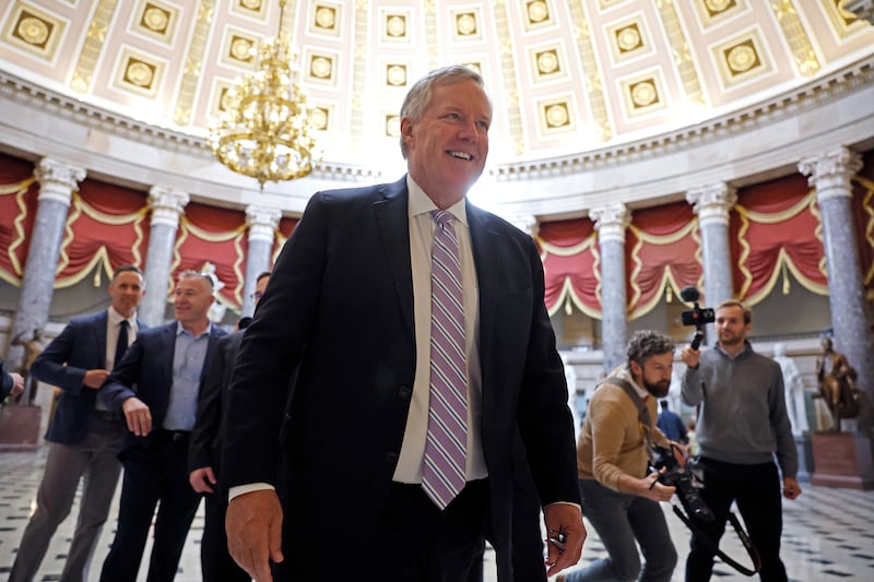 Former Trump White House Chief of Staff Mark Meadows leads a private tour through Statuary Hall at the U.S. Capitol on October 10, 2023.