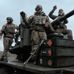 Ukrainian soldiers of the 56th Brigade of the Ukrainian Armed Forces travels in the direction of Bakhmut.