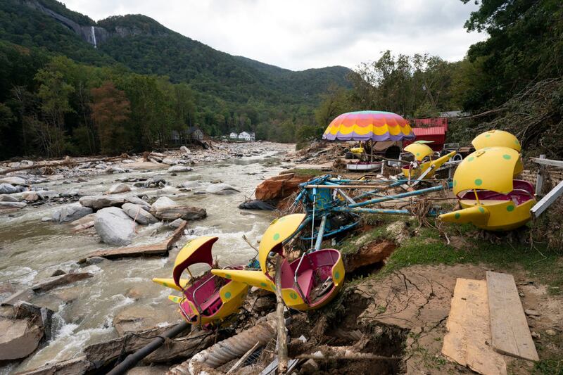 Flood damage along the Broad River in the aftermath of Hurricane Helene in Chimney Rock, North Carolina. The death toll has topped 140 people across the southeastern U.S. due to the storm.