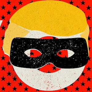 Illustration of "vote" with Trump hair and a robber mask on the "o"