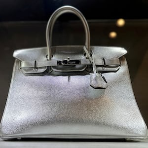 View of a Hermes Silver Metallic Chevre Birkin 30 bag up for auction at Sotheby's in New York City, U.S., June 1, 2023.