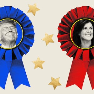 Photo illustration of Donald Trump and Nikki Haley in blue and red ribbons with gold stars around them.