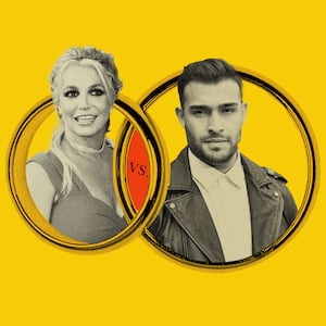 Photo illustration of Britney Spears and her soon to be ex-husband Sam Asghari collaged into wedding rings.