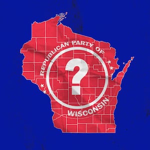 A photo illustration a map of Wisconsin with the Republican Party of Wisconsin logo and question mark.