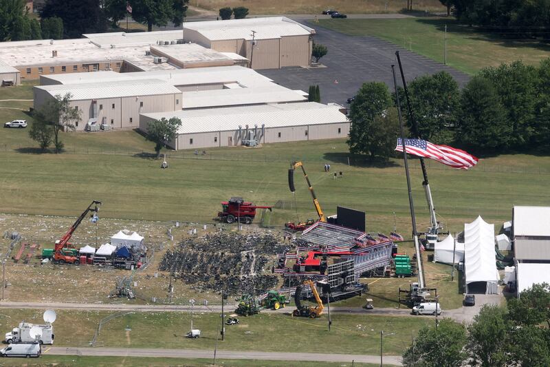 An aerial view shows the stage where Donald Trump was speaking in Butler