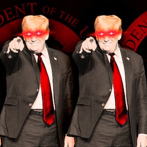 A photo illustration of former President Donald Trump with laser eyes.