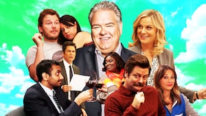 A photo illustration of Jim O'Heir and the cast of Parks and Rec.