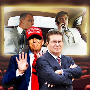 A photo illustration of Donald Trump, Dan Snyder, and The Apprentice film in a movie theater.